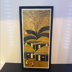 Vintage African Banana Leaf Artwork Village Scene